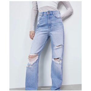 Zara High Rise Full Length Ripped Jeans